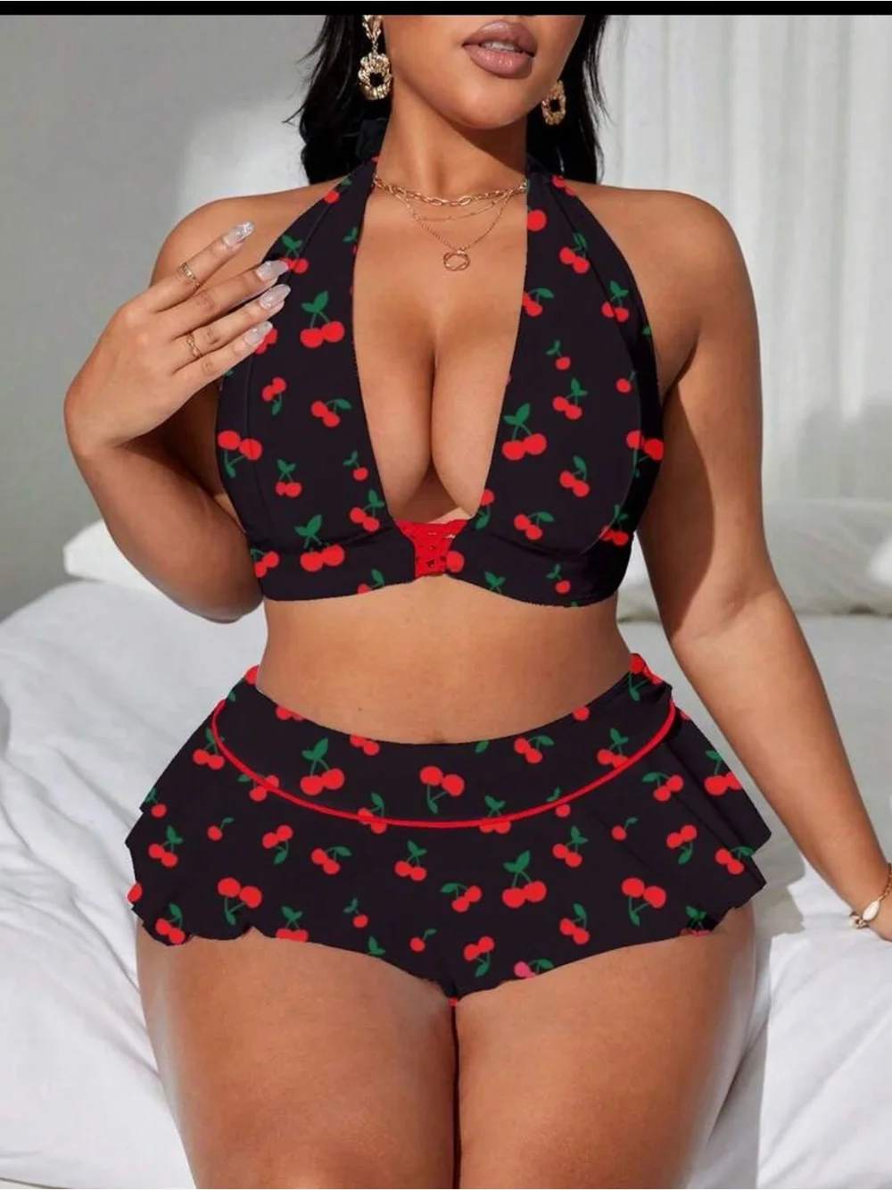 SHEIN Black Cherry Print Halter Skirted Bikini Set